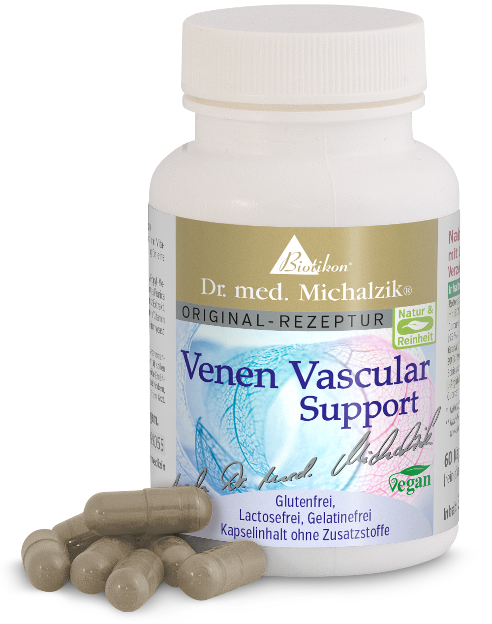Venen Vascular Support – 60 Kapseln Venen Vascular Support in einer weißen Flasche mit 60 Kapseln, vegan, glutenfrei, Kapseln in beige.