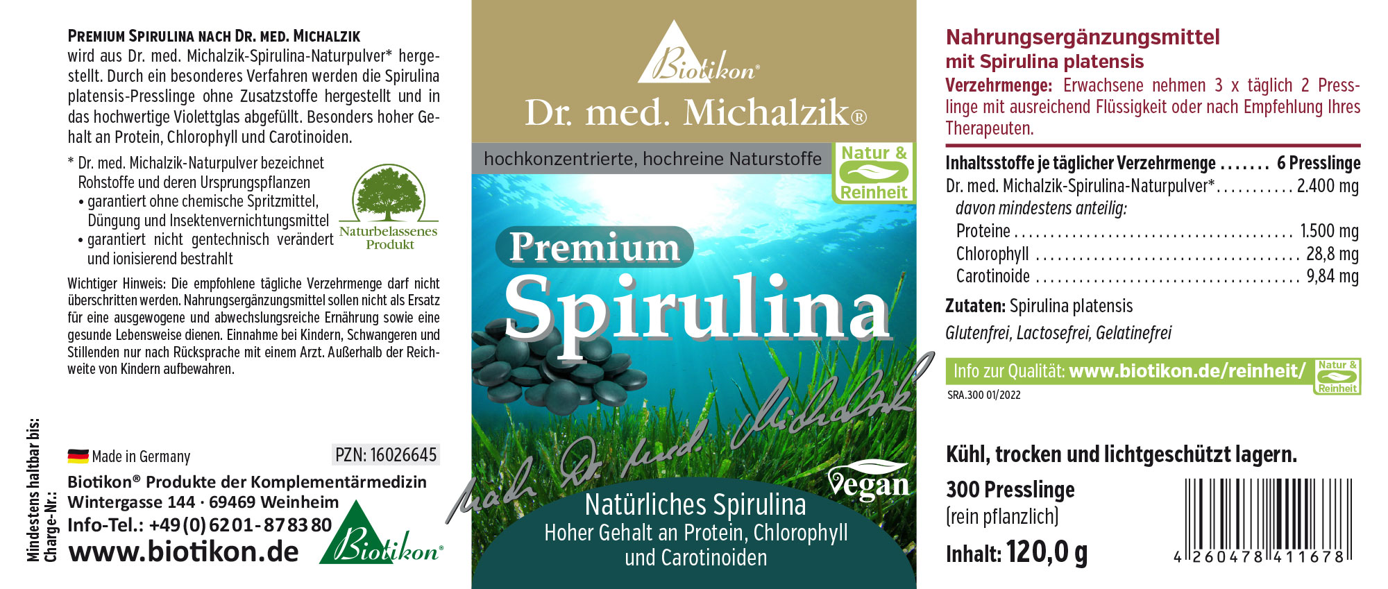 Premium Spirulina Etikett Nahrungsergänzungsmittel Spirulina, 300 Presslinge, 120 g, grüne Verpackung, aus pflanzlichen Inhaltsstoffen.