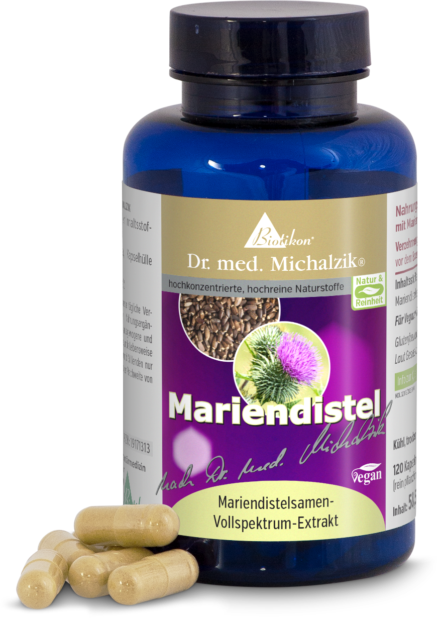 Mariendistel 120 Kapseln – Vollspektrum-Extrakt Blaue Flasche mit Mariendistelsamen-Vollspektrum-Extrakt, 120 vegane Kapseln, beige Kapseln im Vordergrund.