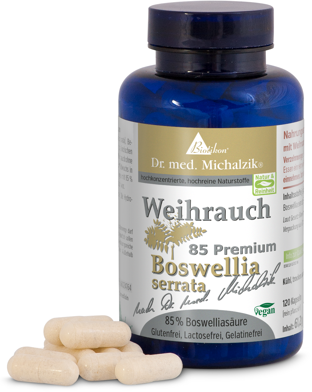 Weihrauch 85 Premium – Kapseln Flasche mit 120 Kapseln Weihrauch, Boswellia serrata, vegane, cremefarbene Kapseln, Vorderansicht