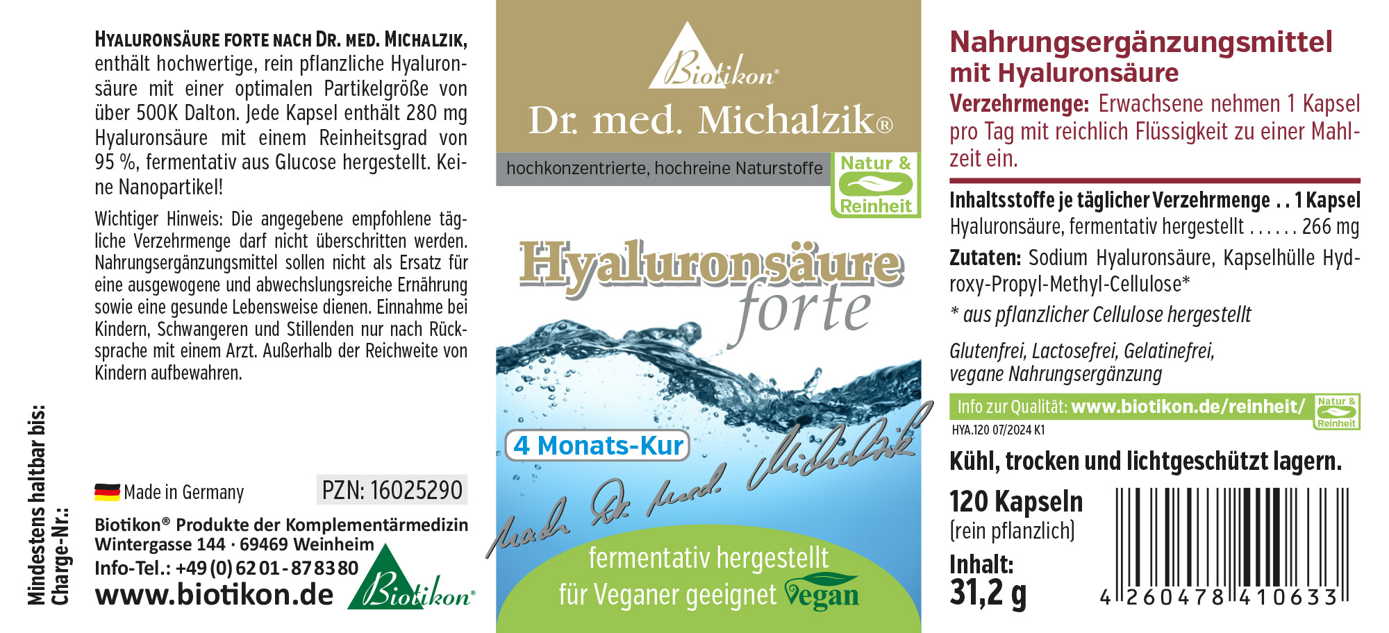 Hyaluronsäure forte – 120 Kapseln Hyaluronsäure Nahrungsergänzungsmittel, 120 pflanzliche Kapseln, Verpackung in Blau-Grün, von der Seite betrachtet.
