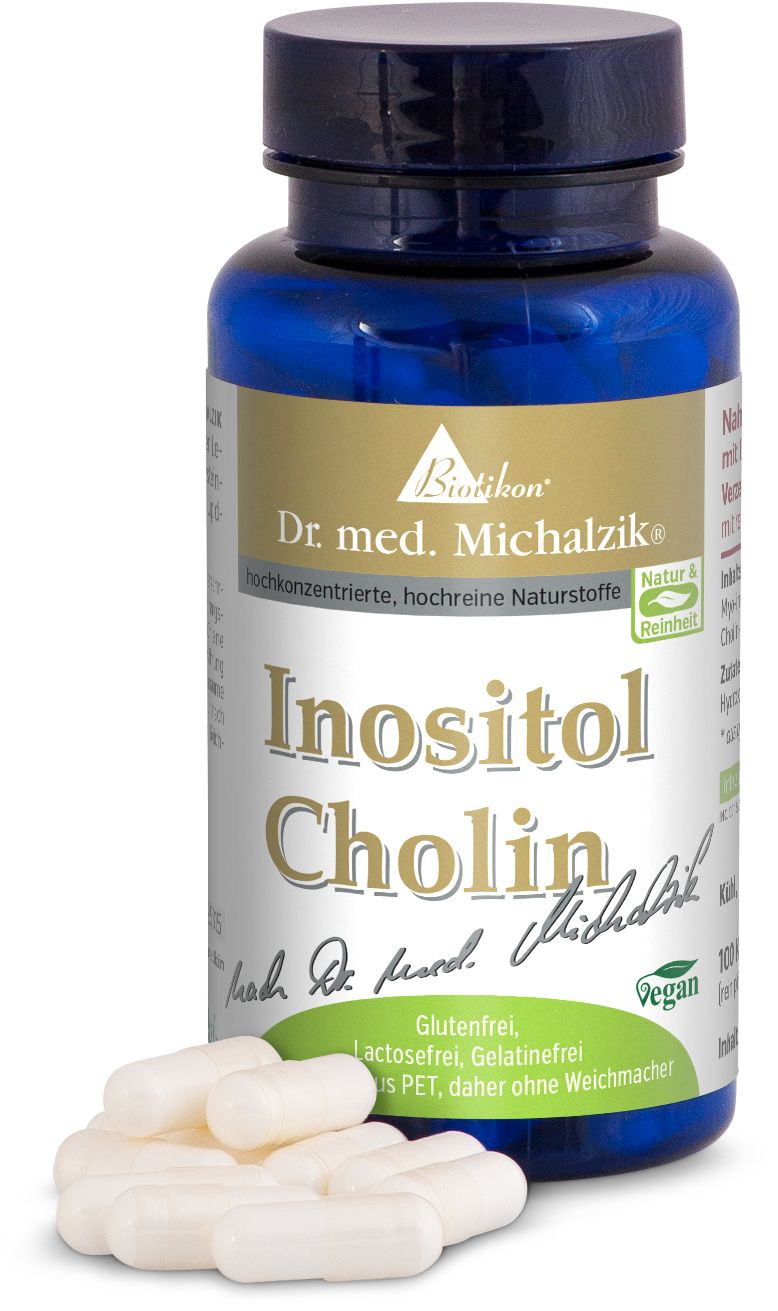Inositol Cholin – Kapseln 100 Stück Blaue Flasche mit Inositol Cholin Kapseln, 100 Stück, neben Kapseln auf weißem Hintergrund.
