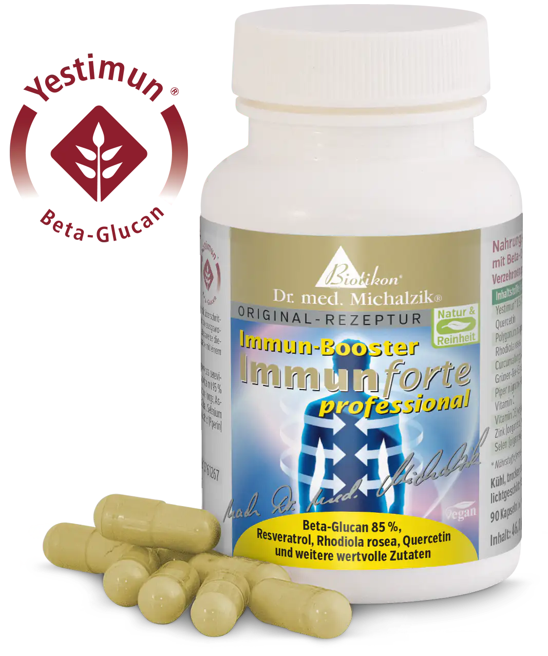 Immun-Booster 90 Kapseln – Biotikon Immunforte Immun-Booster Kapseln in einer weißen Flasche, 90 Stück, beige Farbtöne, Kapseln auf dem Tisch.