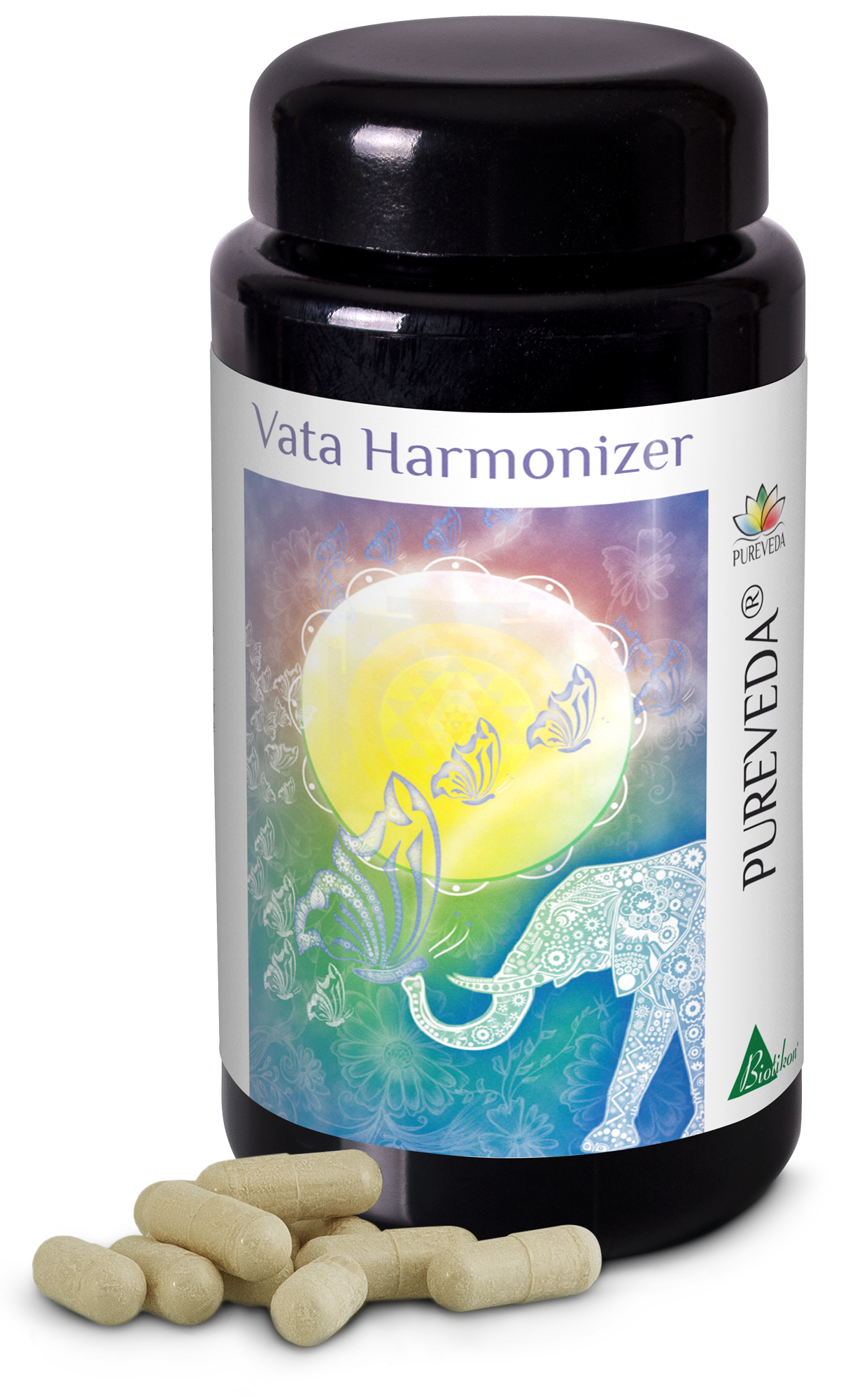 Vata Harmonizer – Kapseln Schwarze Flasche mit Vata Harmonizer Kapseln, insgesamt 60 Kapseln, beige-farbene Kapseln auf dem Tisch.