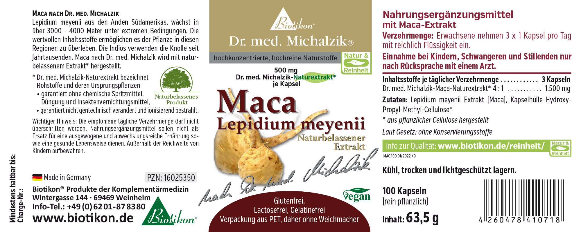 Maca Extrakt 500 mg – Kapseln Maca Nahrungsergänzungsmittel in Kapseln, 100 Stück, natürliche Verpackung, gelblich-brauner Inhalt, perspektivisch dargestellt.