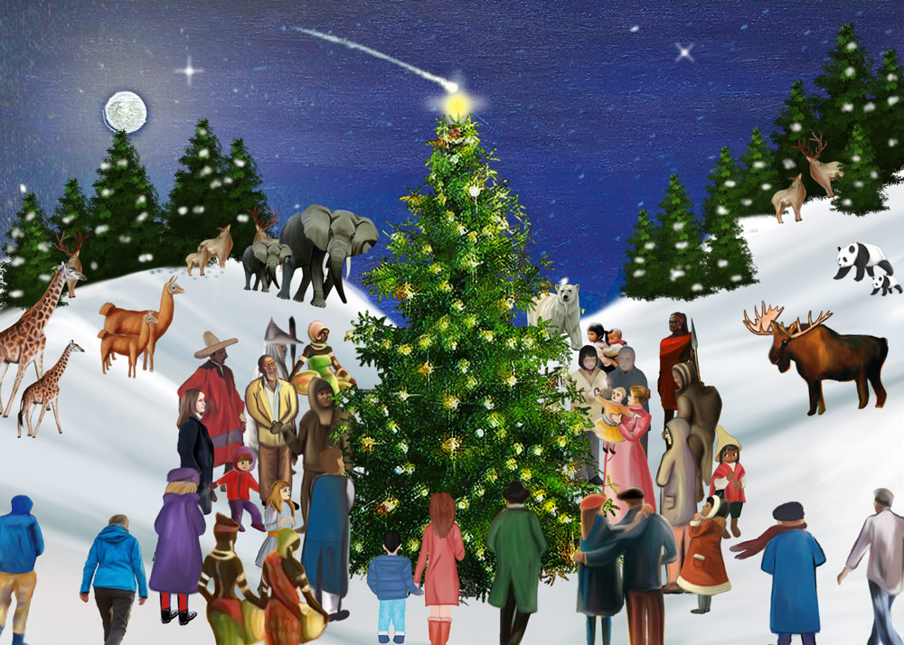 Weihnachtsszenen – Illustration mit Tieren Bunte Weihnachtsillustration mit einem großen geschmückten Baum, mehreren Menschen und verschiedenen Tieren im Schnee, bei nächtlichem Himmel.