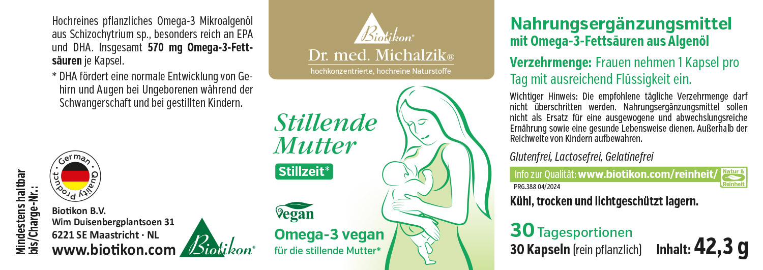 Omega-3-Fettsäuren 570 mg – Kapseln Nahrungsergänzungsmittel Omega-3 aus Mikroalgen, 30 Kapseln, vegan, 42,3 g.