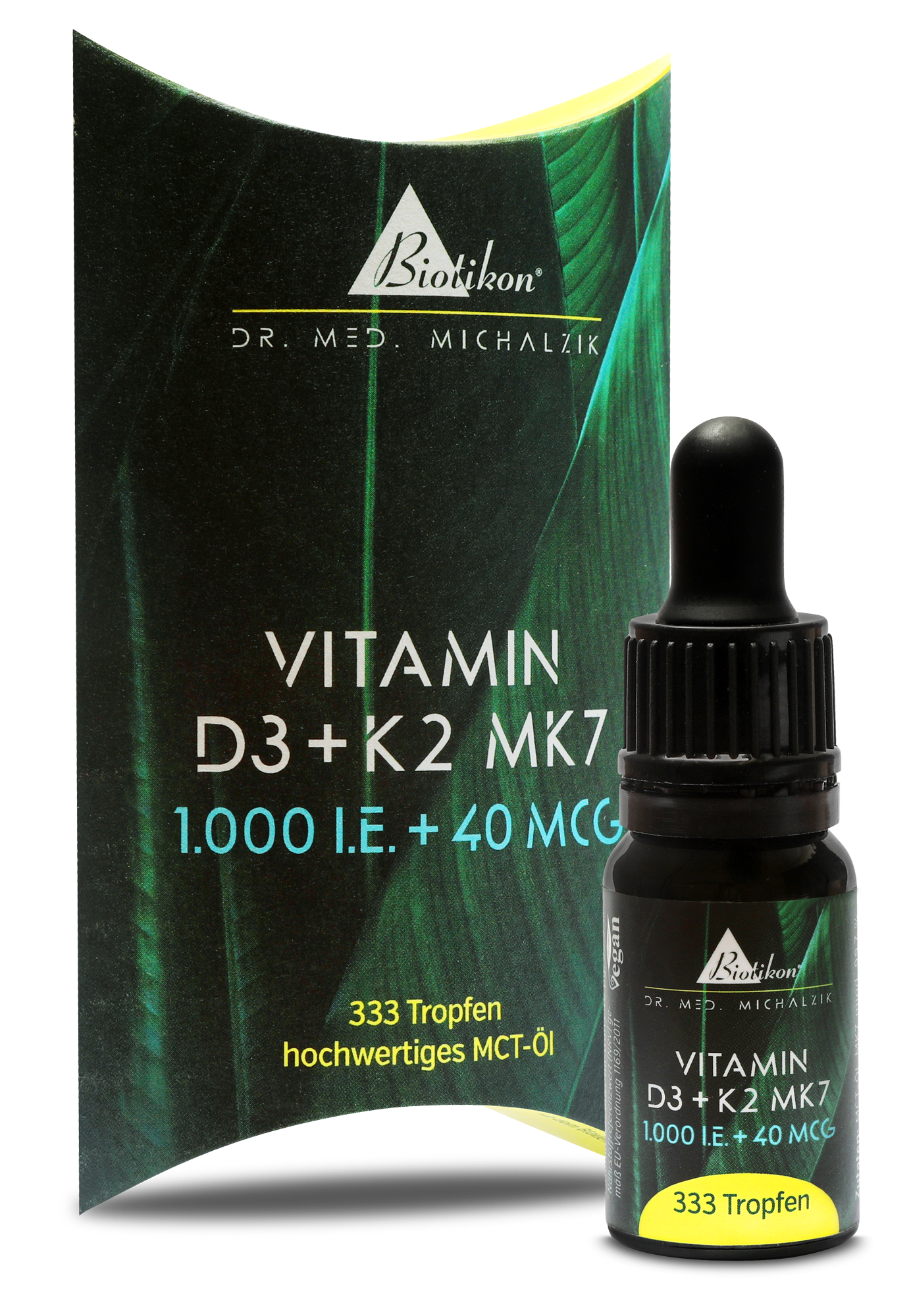 Vitamin D3 K2 MK7 1000 I.E. – Tropfen Vitamin D3 und K2 MK7, 333 Tropfen in einer dunklen Pipettenflasche, umgeben von einer farbigen Verpackung.