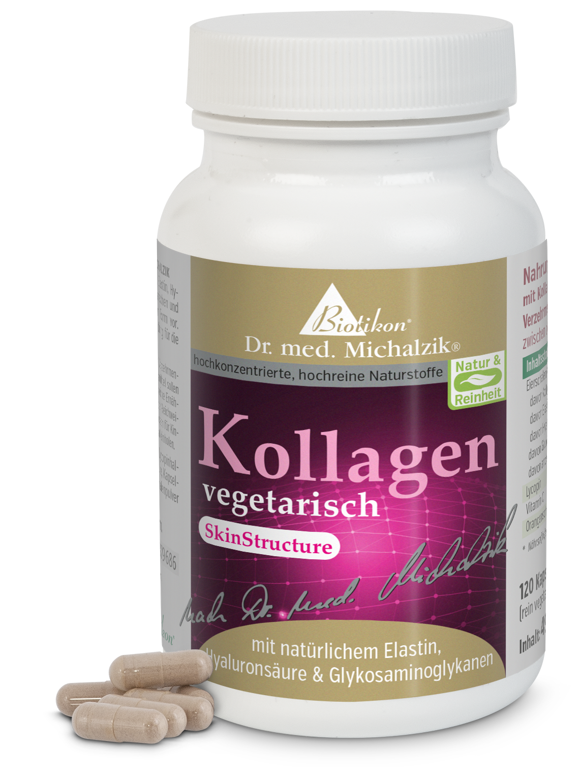 Kollagen vegetarisch 120 Kapseln Inhalt: 120 vegetarische Kapseln, beige, in einem runden weißen Behälter, mit Etikett.
