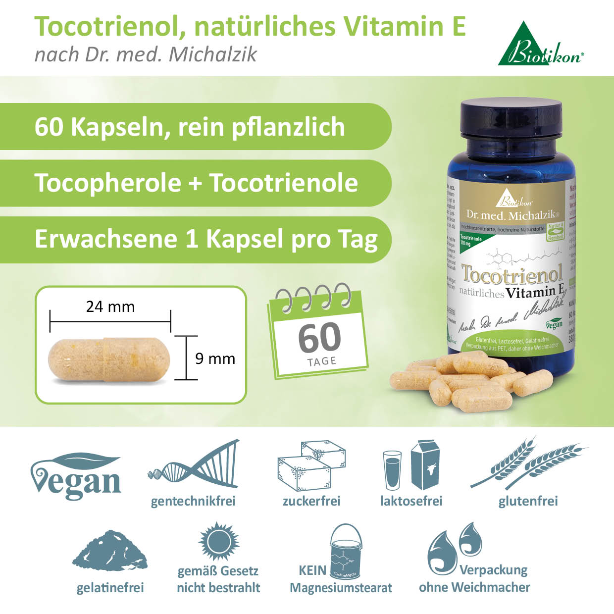 Tocotrienol 60 Kapseln – natürliches Vitamin E 60 pflanzliche Kapseln für Erwachsene, Tocotrienole, beige, im flaschengrünen Container.