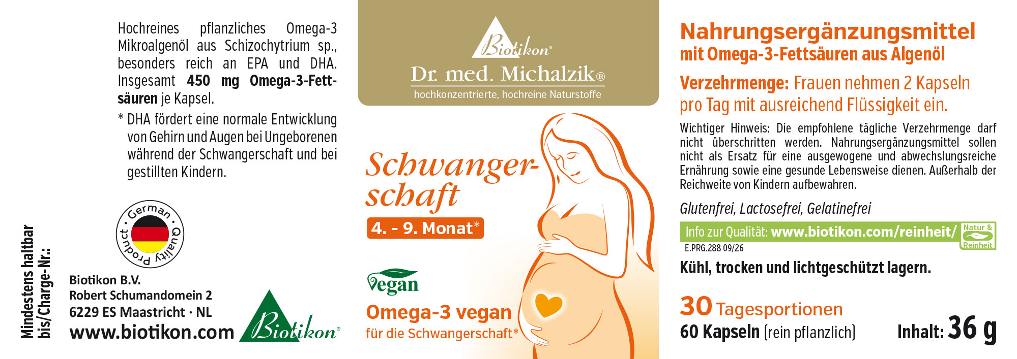 Nahrungsergänzungsmittel in Form von Kapseln, 30 Stück, vegan, mit hochreinem Omega-3 aus Algenöl, Verpackung in bunten Farben.