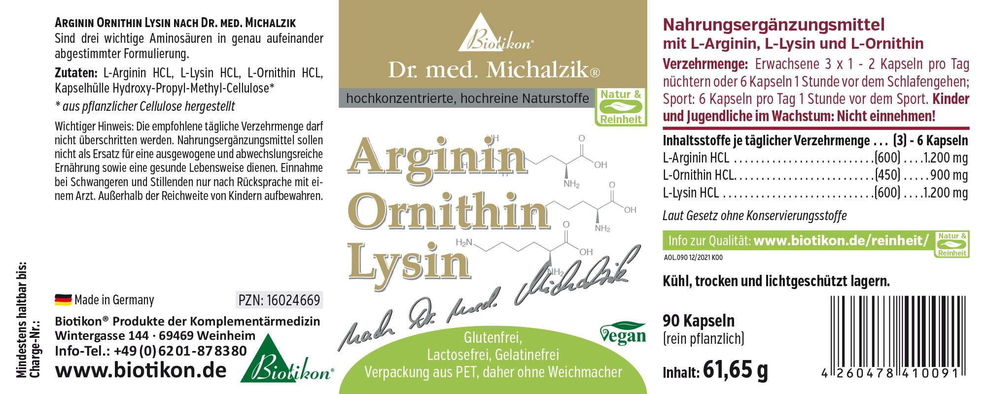 Arginin Ornithin Lysin – 90 Kapseln Nahrungsergänzungsmittel mit L-Arginin, L-Lysin und L-Ornithin in einer Packung mit 90 Kapseln, veganer Formel.