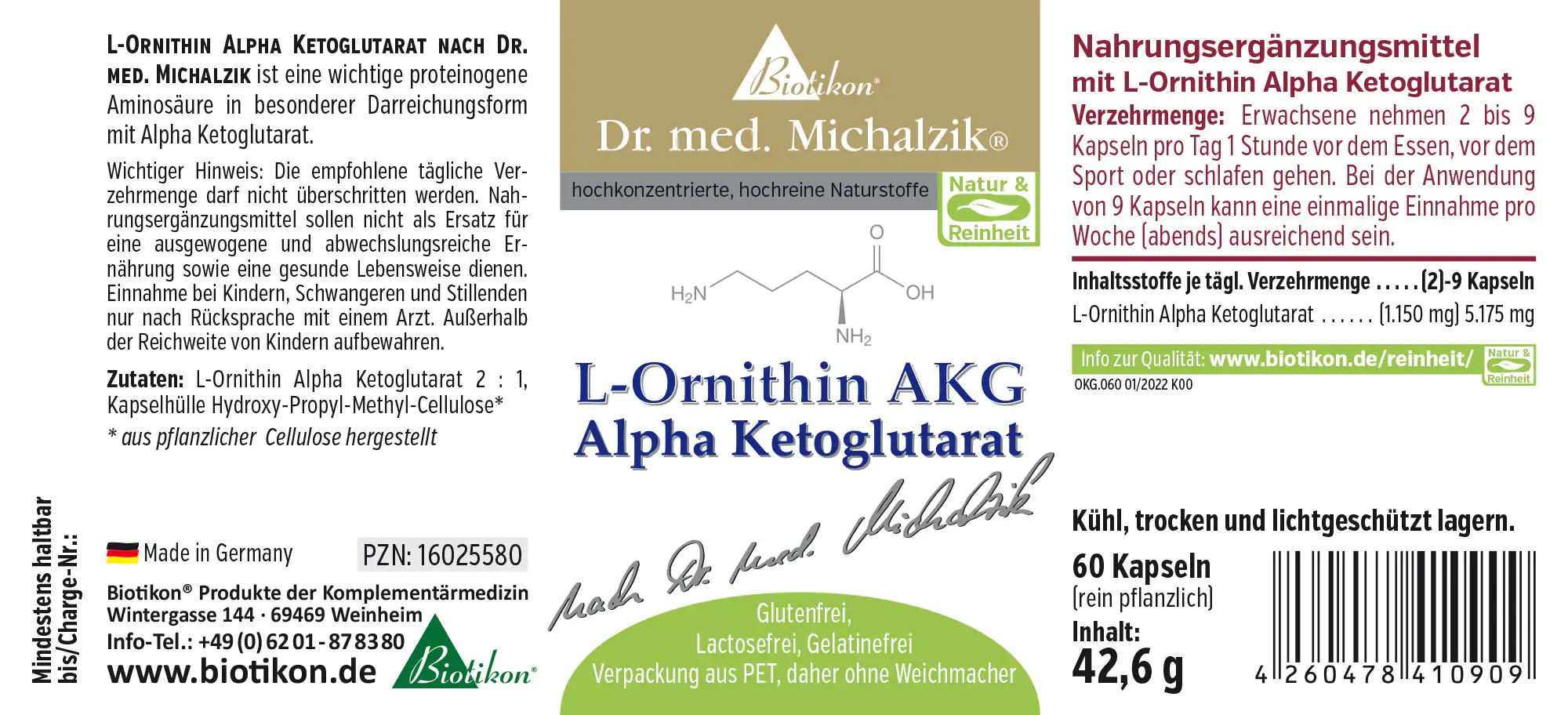 L-Ornithin AKG – 60 Kapseln L-Ornithin Alpha Ketoglutarat in einer Packung mit 60 Kapseln, grau und gold, aus pflanzlichen Inhaltsstoffen.