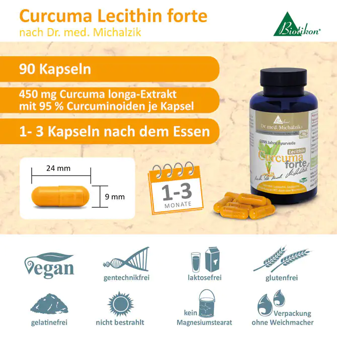 Curcuma Lecithin forte 90 Kapseln 90 Kapseln Curcuma Lecithin forte mit 450 mg Curcuma longa-Extrakt in blauer Flasche.
