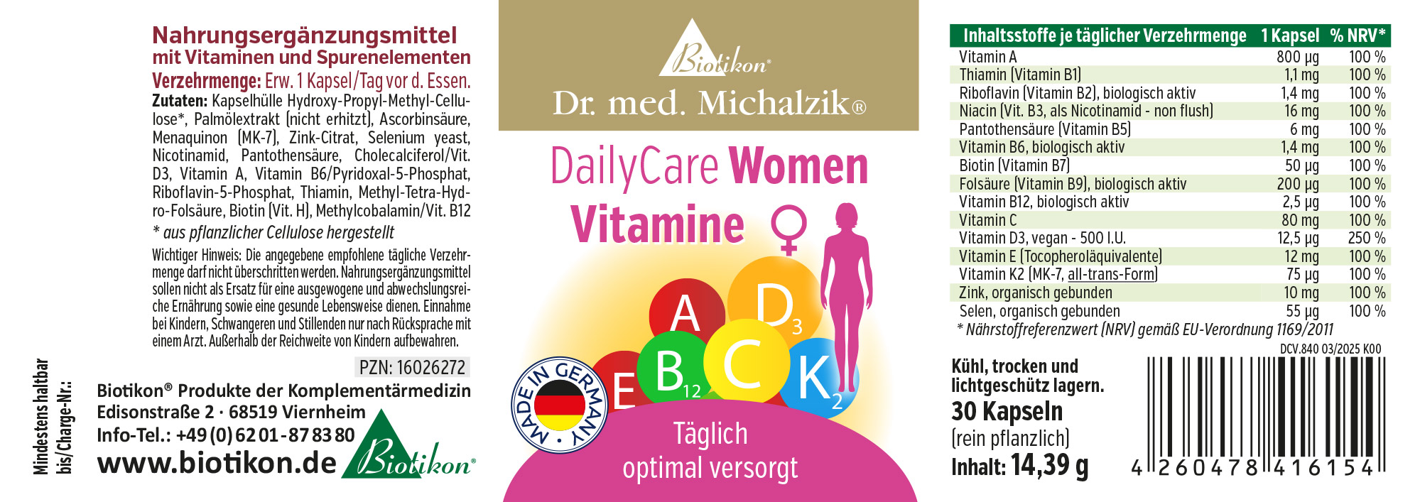 DailyCare Women Vitamine – 30 Kapseln Nahrungsergänzungsmittel für Frauen, 30 Kapseln, bunte Verpackung, Seitenansicht.