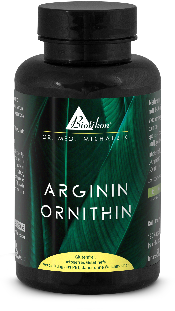 Arginin Ornithin – 120 Kapseln Schwarze Kapselbehälter mit grünem Etikett, 120 Kapseln, glutenfrei, laktosefrei, gelatinefrei.