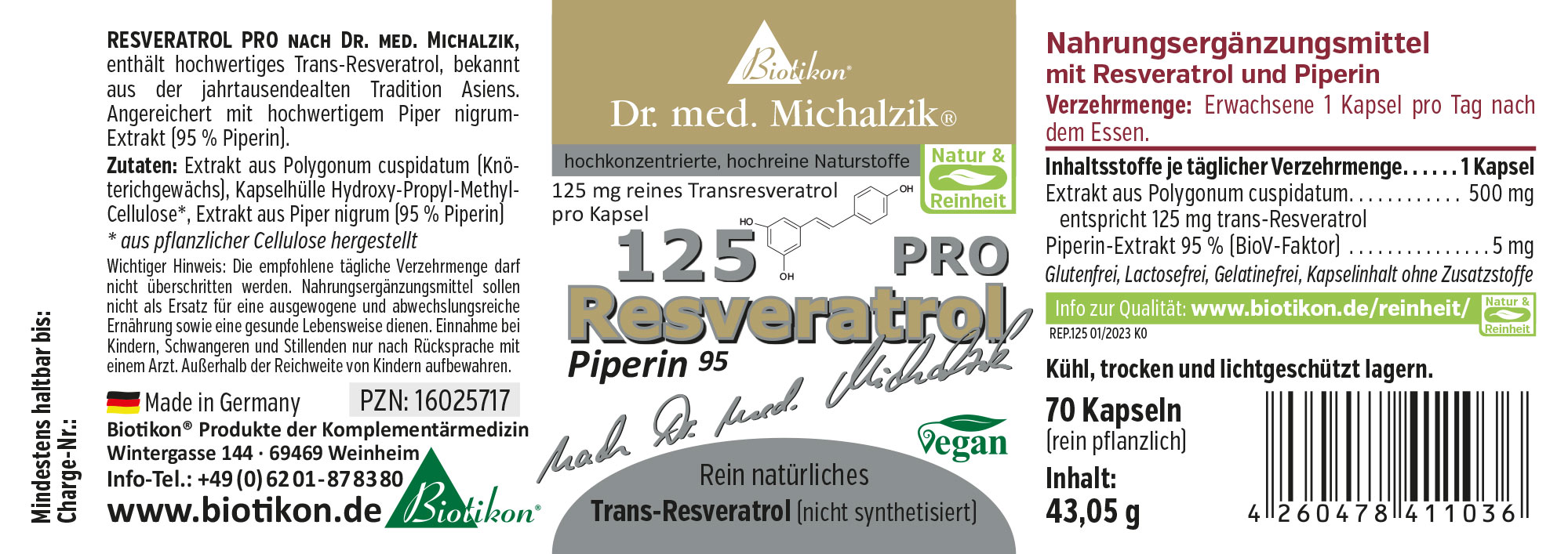 Resveratrol 125 mg – Kapseln Nahrungsergänzungsmittel in Kapseln, 70 Stück, mit 125 mg Trans-Resveratrol und 95 % Piperin, in einer dunklen Verpackung.