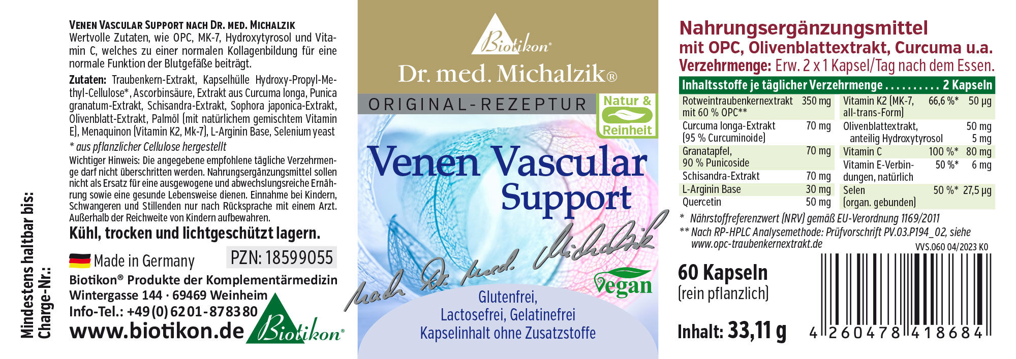 Venen Vascular Support – 60 Kapseln Nahrungsergänzungsmittel in Kapseln, 60 Stück, klare Verpackung, vegan, hellgrün und blau.