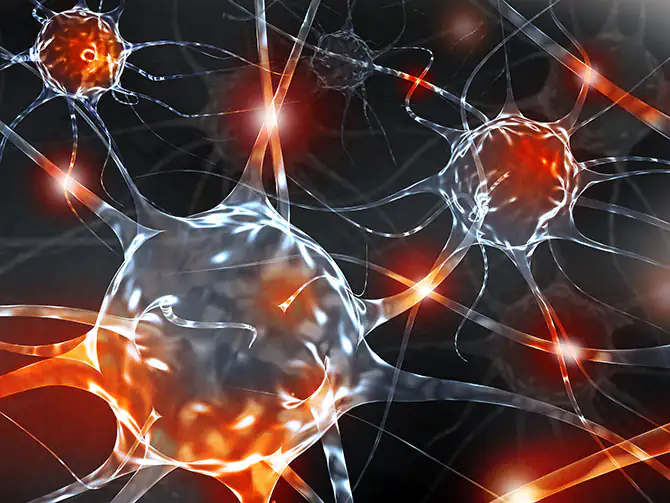 neuronales Netzwerk Grafik von Neuronen mit leuchtenden Verbindungen in Orange und Weiß auf dunklem Hintergrund.