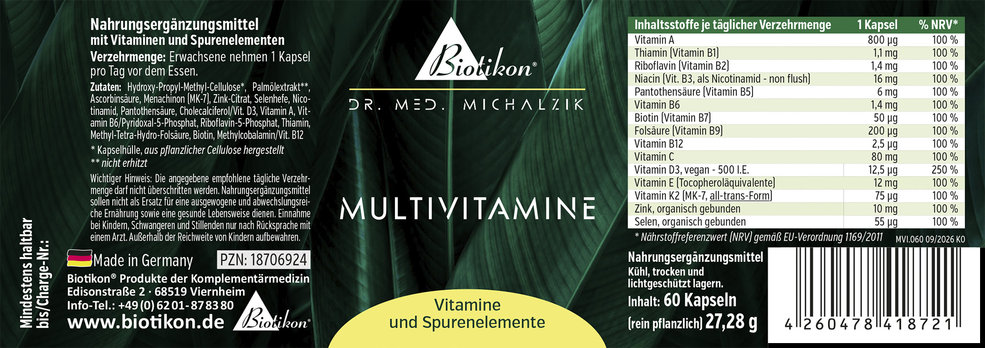 Verpackung mit 60 Kapseln des Nahrungsergänzungsmittels Multivitamine, vegan