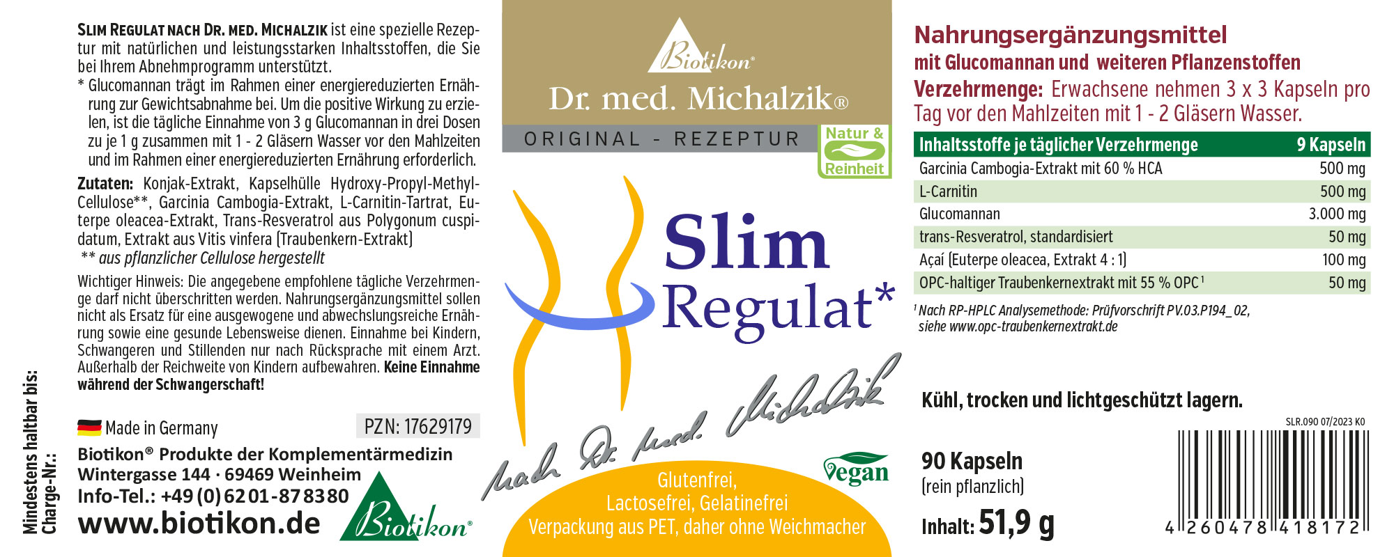 Slim Regulat – 90 Kapseln Nahrungsergänzungsmittel in PET-Verpackung, enthält 90 Kapseln, vegan, glutenfrei.