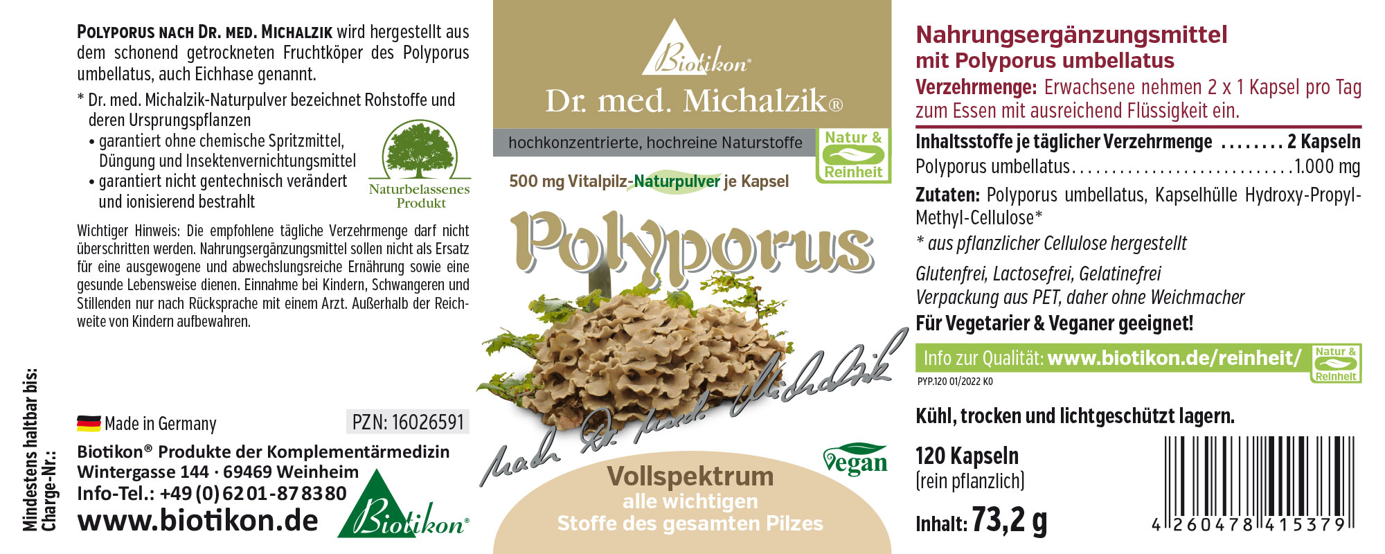 Polyporus 500 mg – 120 Kapseln Nahrungsergänzungsmittel Polyporus umbellatus, 120 Kapseln in transparenter Verpackung, beige Kapseln.