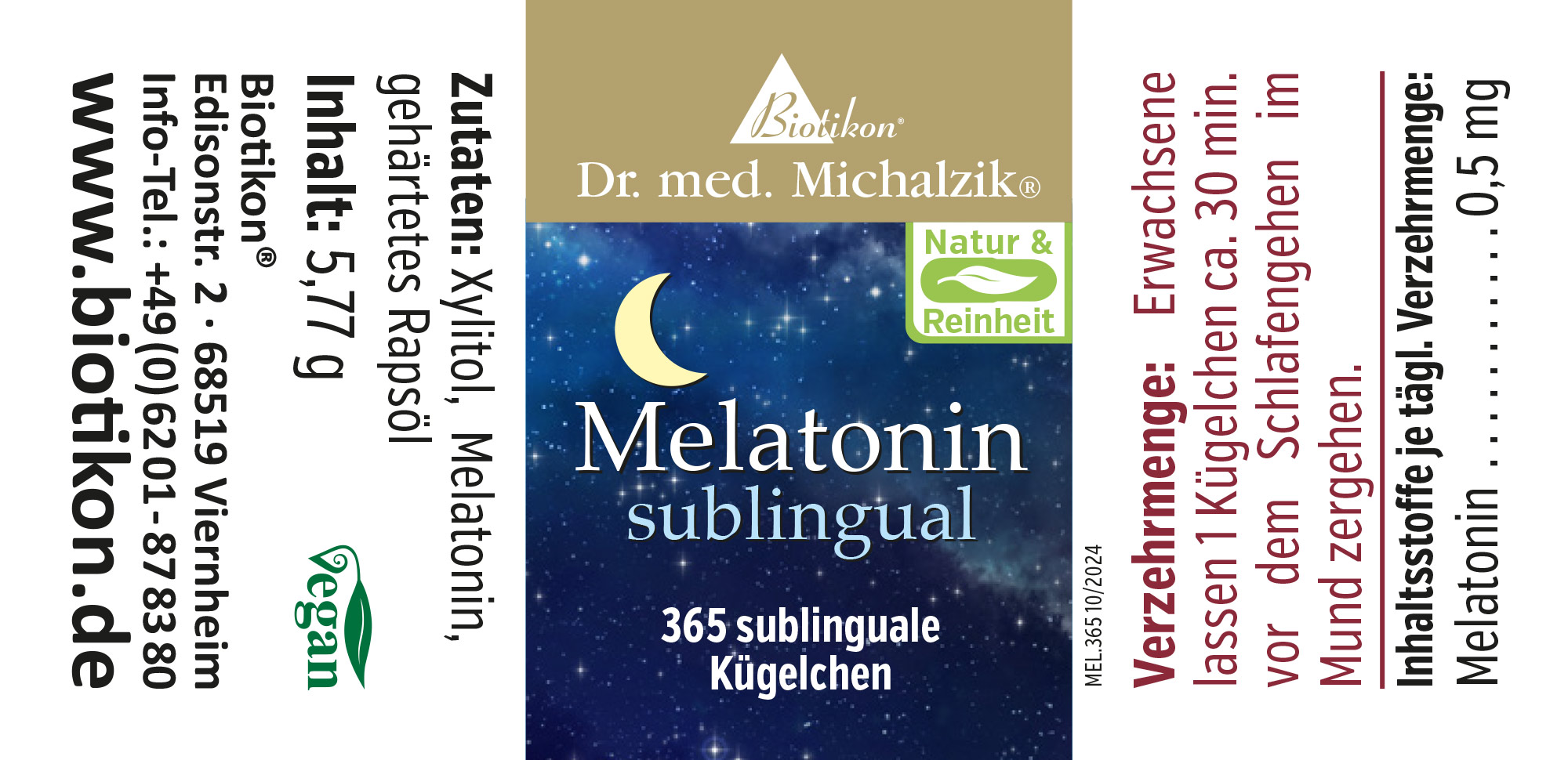 Melatonin sublingual 0,5 mg – 365 Kügelchen Verpackung mit 365 sublingualen Kügelchen, blaues Design mit Mondmotiv, vegan, 0,5 mg Melatonin pro Kügelchen.