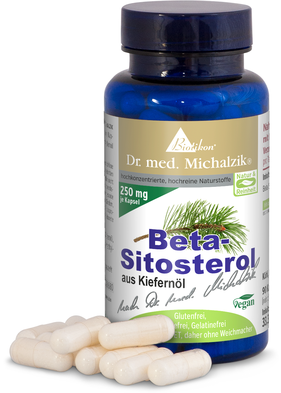 Beta-Sitosterol 250 mg – Kapseln Beta-Sitosterol aus Kieferöl, 90 Kapseln in blauer Flasche, Fokus auf Kapseln, vegan, glutenfrei.