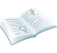Newsletter-Bestellung Icon Ein geöffnetes Buch mit Skizzen von Blättern und Bäumen, hellblauer Hintergrund.