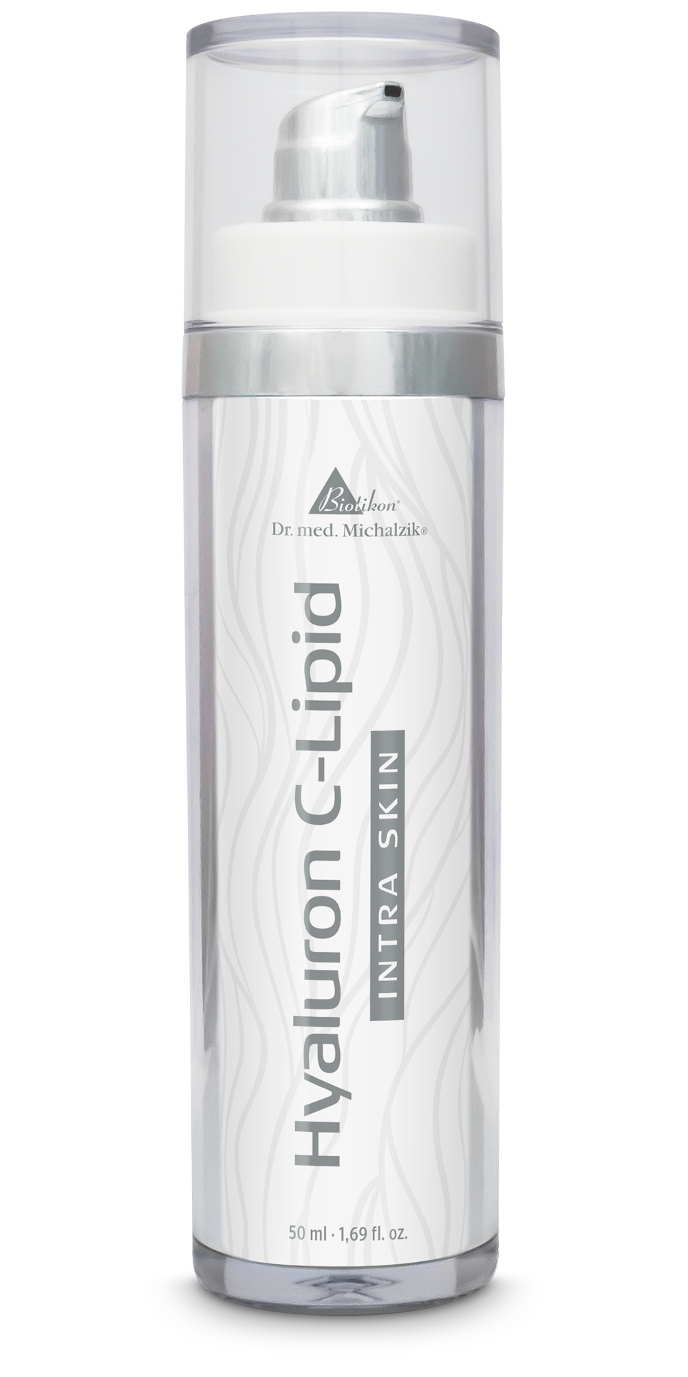Hyaluron C-Lipid 50 ml – Gesichtscreme Hyaluron C-Lipid Gesichtscreme in Pumpflasche, 50 ml, transparent mit silberner Spitze.