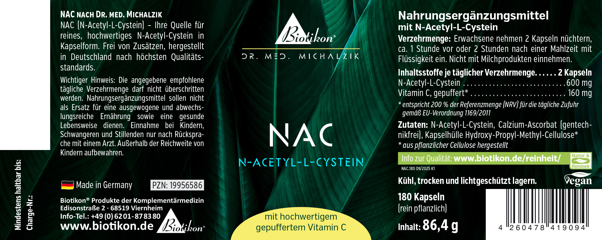 NAC N-Acetyl-L-Cystein in dunkler Verpackung, 180 Kapseln, hochwertige Kapselqualität, vegan, deutsche Herstellung.