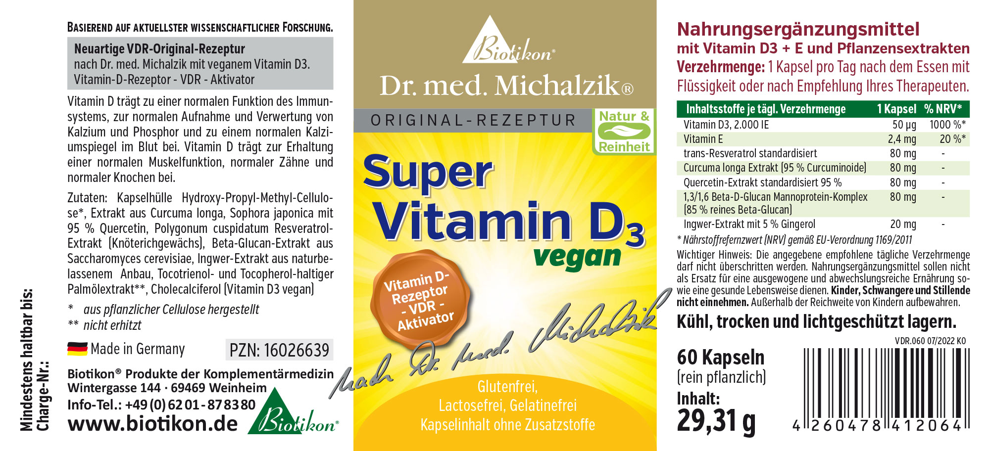 Super Vitamin D3 2000 IE – Kapseln Verpackung von Super Vitamin D3, 60 vegane Kapseln, gelbe und grüne Farben, Vorderansicht