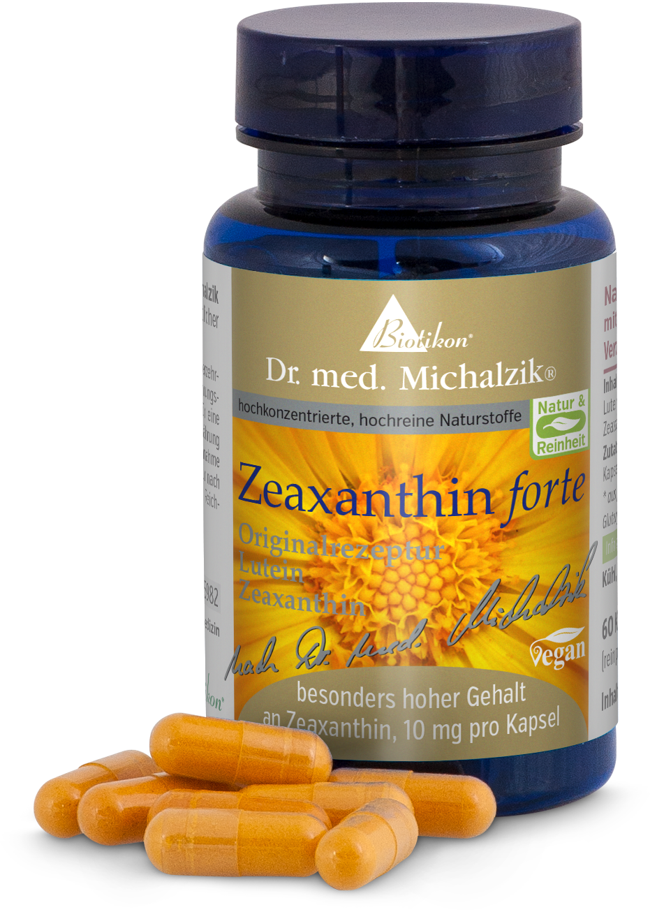 Zeaxanthin forte 10 mg – Kapseln Zeaxanthin forte Kapseln, 60 Stück in blauer Flasche, orangefarbene Kapseln.