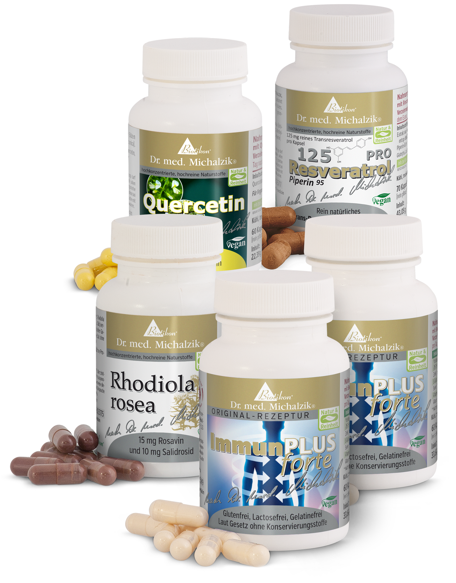 Quercetin 600 mg – Kapseln Wirkstoff Quercetin in Kapseln, 60 Stück, weißer Behälter, umgeben von Kapseln.