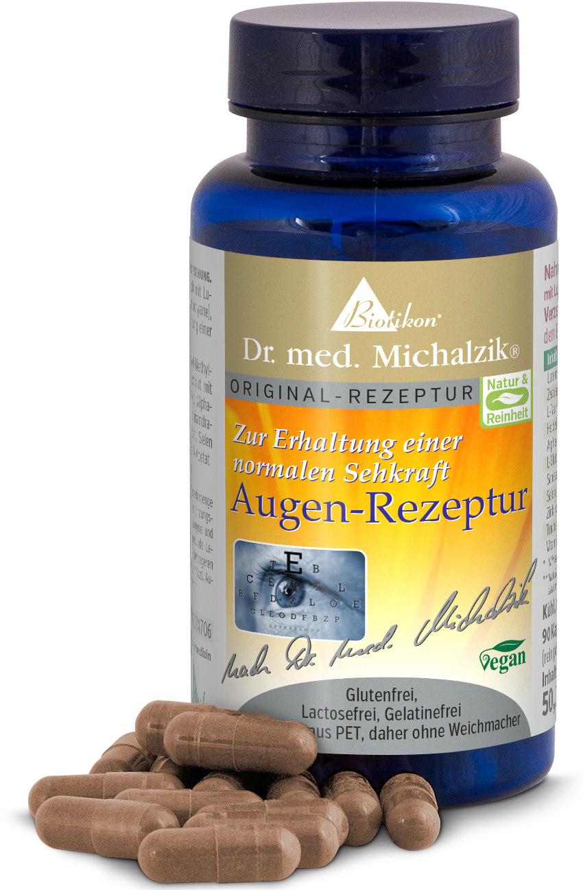 Augen-Rezeptur – Kapseln 50 Stück Augen-Rezeptur Kapseln in blauer Flasche, 50 Stück, braune Kapseln, vegan und frei von Gluten.