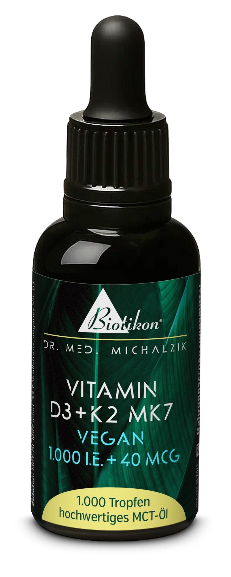 Tropfenflasche mit 1000 Tropfen Vitamin D3 und K2 MK7, schwarze Verpackung, gut sichtbar.