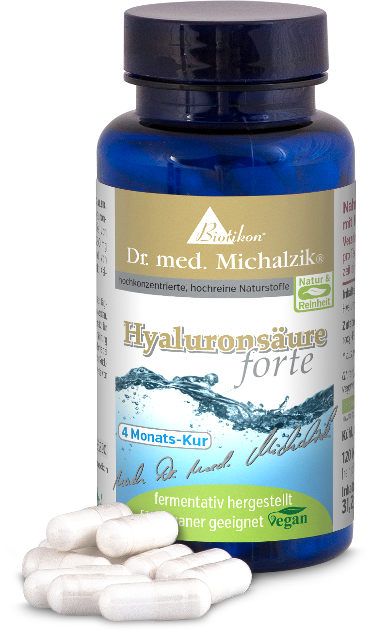 Hyaluronsäure 120 Kapseln – 4 Monats-Kur Blaue Flasche mit 120 Hyaluronsäure-Kapseln, vegan, fermentativ hergestellt, Sicht von vorn und oben.