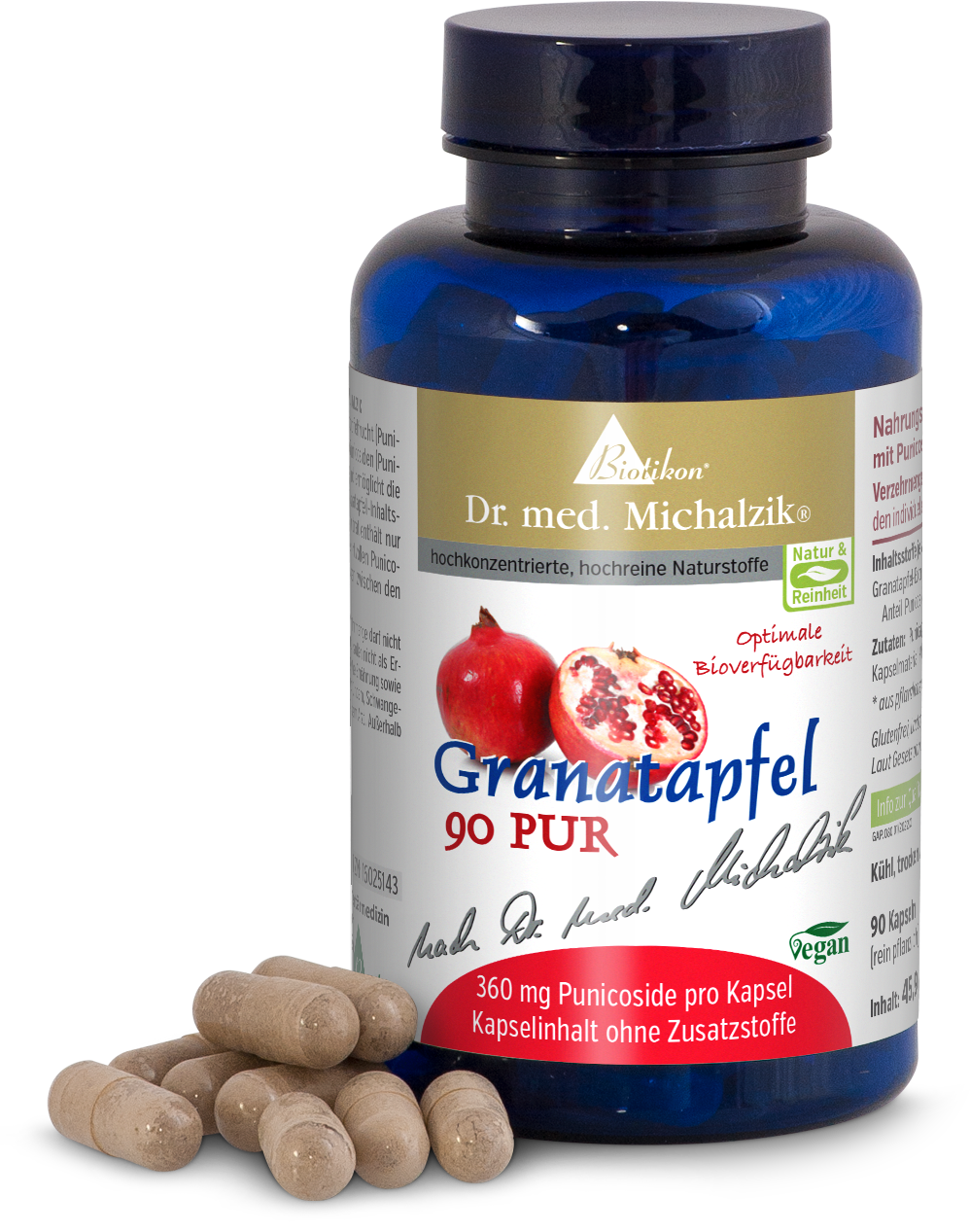 Granatapfel 360 mg – 90 Kapseln Granatapfelkapseln in blauer Flasche, 90 Stück, mit sichtbaren Kapseln in beige, vegan.
