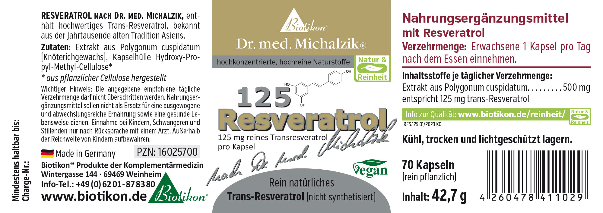 Resveratrol 125 mg – Kapseln Nahrungsergänzungsmittel Resveratrol, 70 Kapseln, vegan, Packung in Weiß und Grün, Sicht auf Produkt- und Inhaltsinformationen.