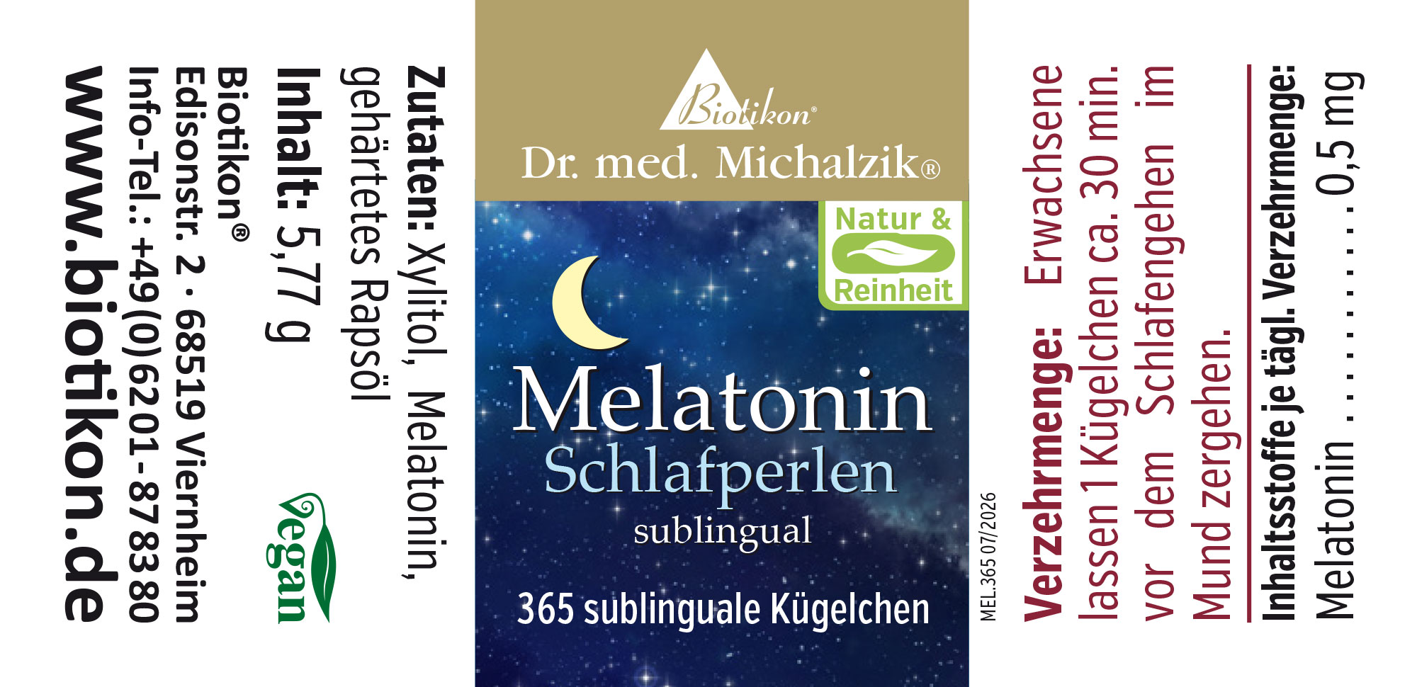 Melatonin sublingual 0,5 mg – 365 Kügelchen Verpackung mit 365 sublingualen Kügelchen, blaues Design mit Mondmotiv, vegan, 0,5 mg Melatonin pro Kügelchen.