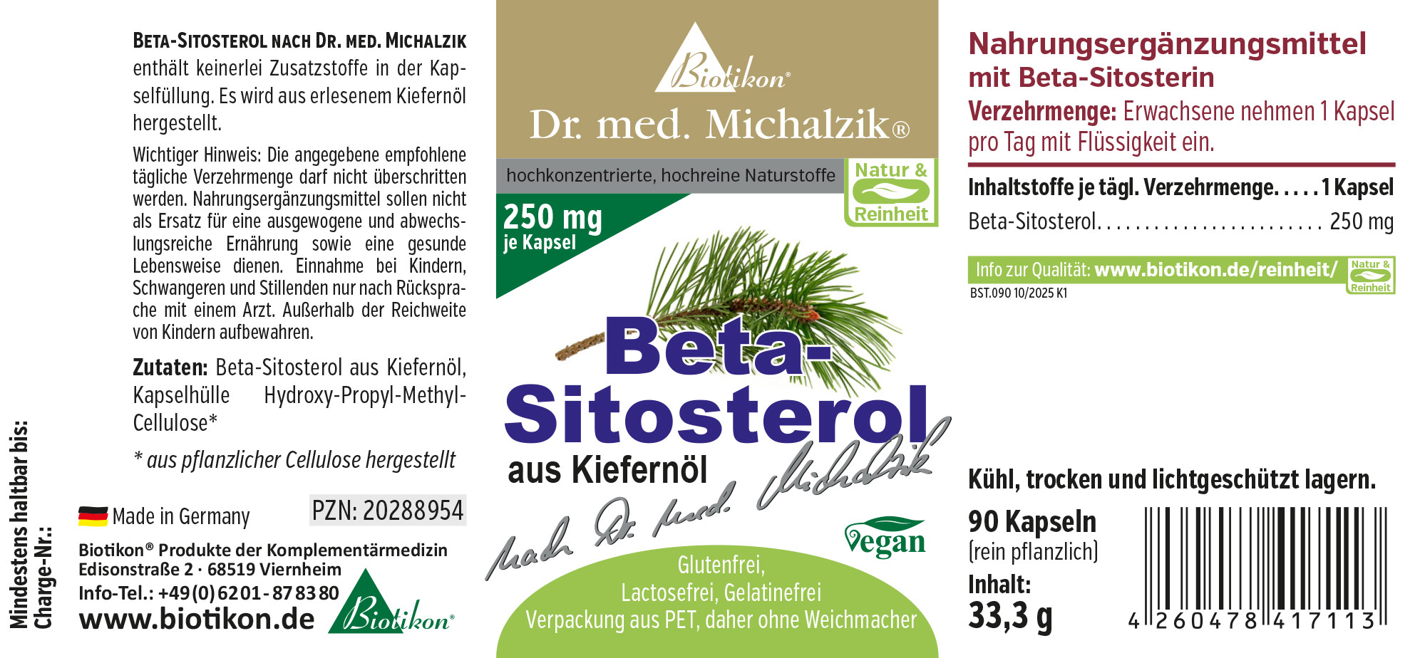 Beta-Sitosterol 250 mg – Kapseln 90 Kapseln Beta-Sitosterol aus Kiefernholz, vegane Verpackung, 250 mg pro Kapsel.