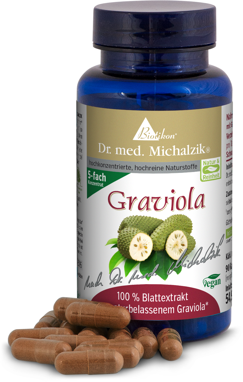 Graviola 100 % Blattextrakt – Kapseln Graviola Kapseln mit 100 % Blattextrakt, 90 Stück in blauer Flasche, braune Kapseln.