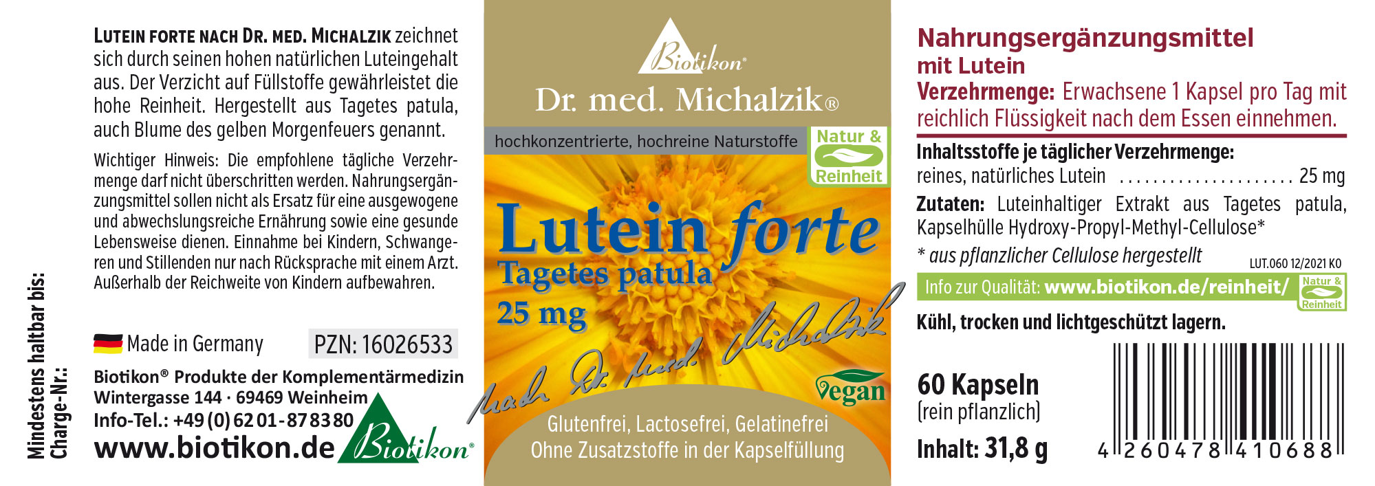 Lutein forte 25 mg – Kapseln Nahrungsergänzungsmittel Lutein forte mit 60 veganen Kapseln, Verpackung in gelb und weiß.