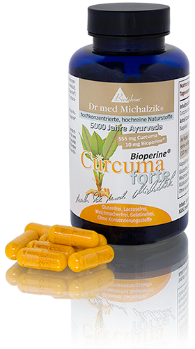 Curcuma 555 mg – Kapseln Flasche mit Curcuma-Kapseln, 555 mg, gelbe Kapseln, blauer Behälter, weiße Etikettierung.