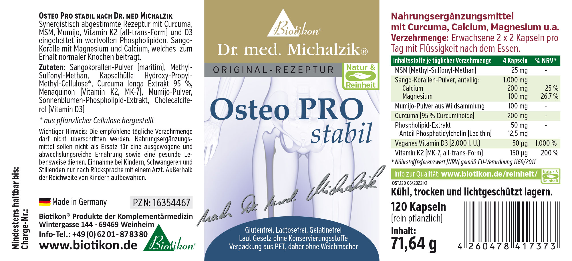 Osteo PRO stabil – 120 Kapseln Nahrungsergänzungsmittel Osteo PRO stabil in Kapseln, 120 Stück, Verpackung in hellem Design, produktverpackte Kapseln.