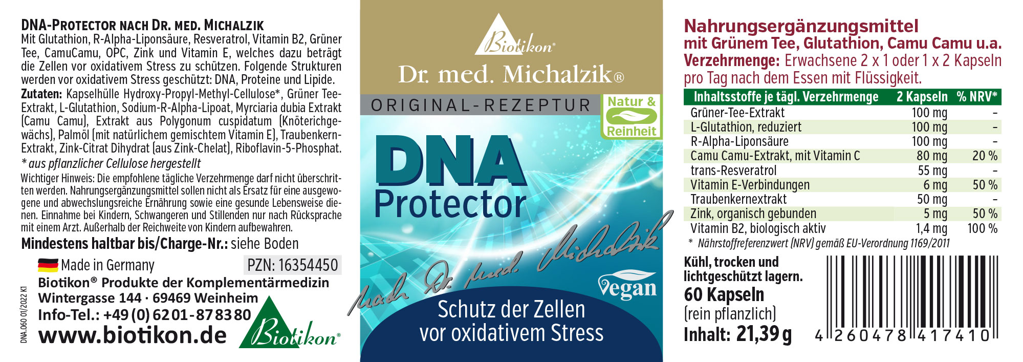 DNA-Protector Etikett 60 Kapseln in einer Verpackung, grüne und blaue Farbgestaltung, präsentiert auf einer weißen Fläche.