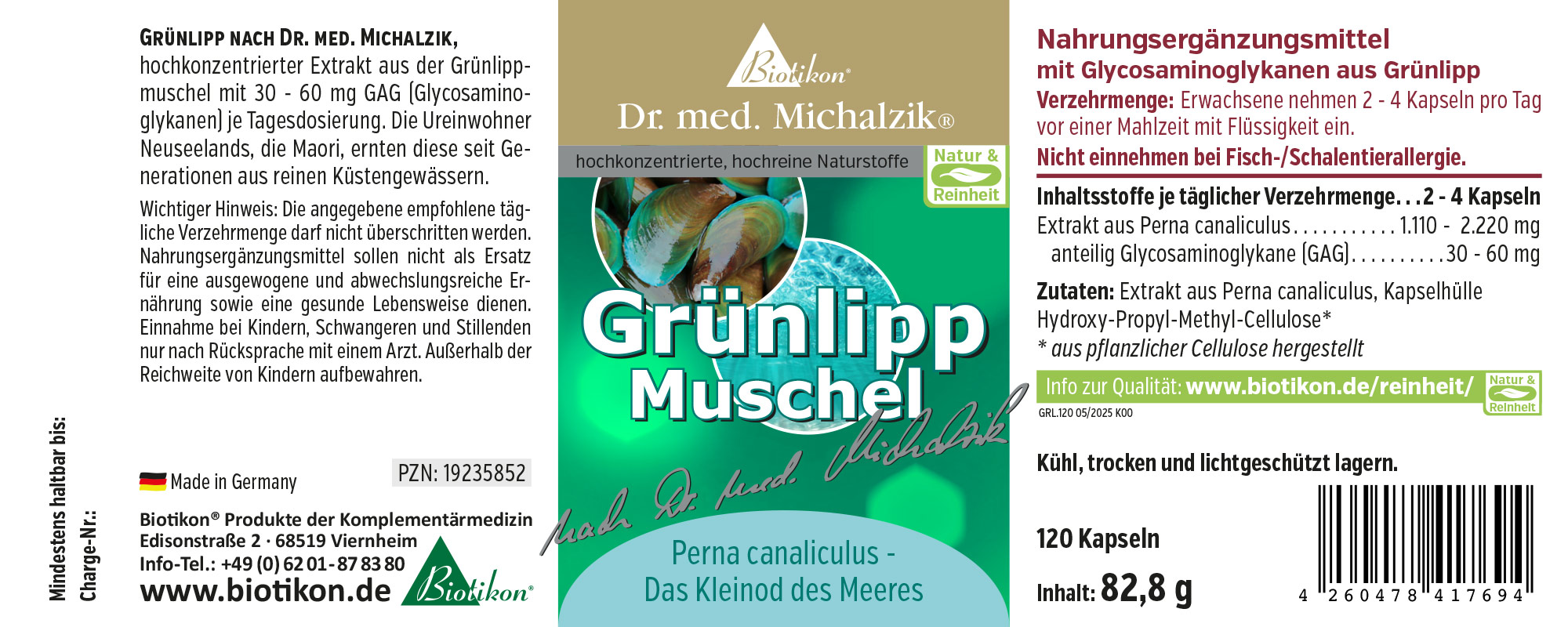 Grünlipp Muschel – 120 Kapseln Nahrungsergänzungsmittel Grünlipp Muschel, 120 Kapseln, grüne Verpackung, Vorderansicht.