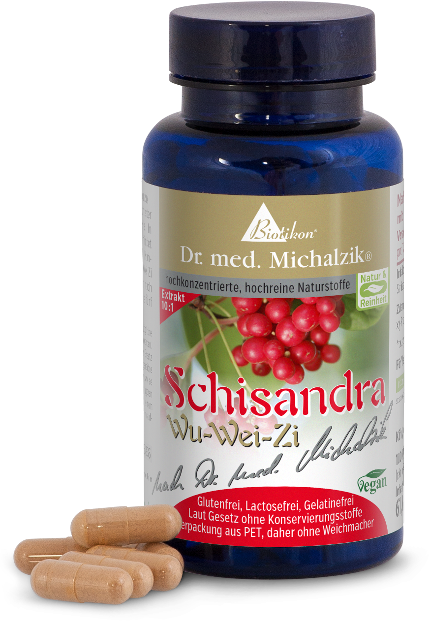 Schisandra Wu-Wei-Zi – 100 Kapseln Blaue Flasche mit Schisandra Wu-Wei-Zi Kapseln, 100 Stück, Kapseln in natürlicher Farbe, Vorderansicht.