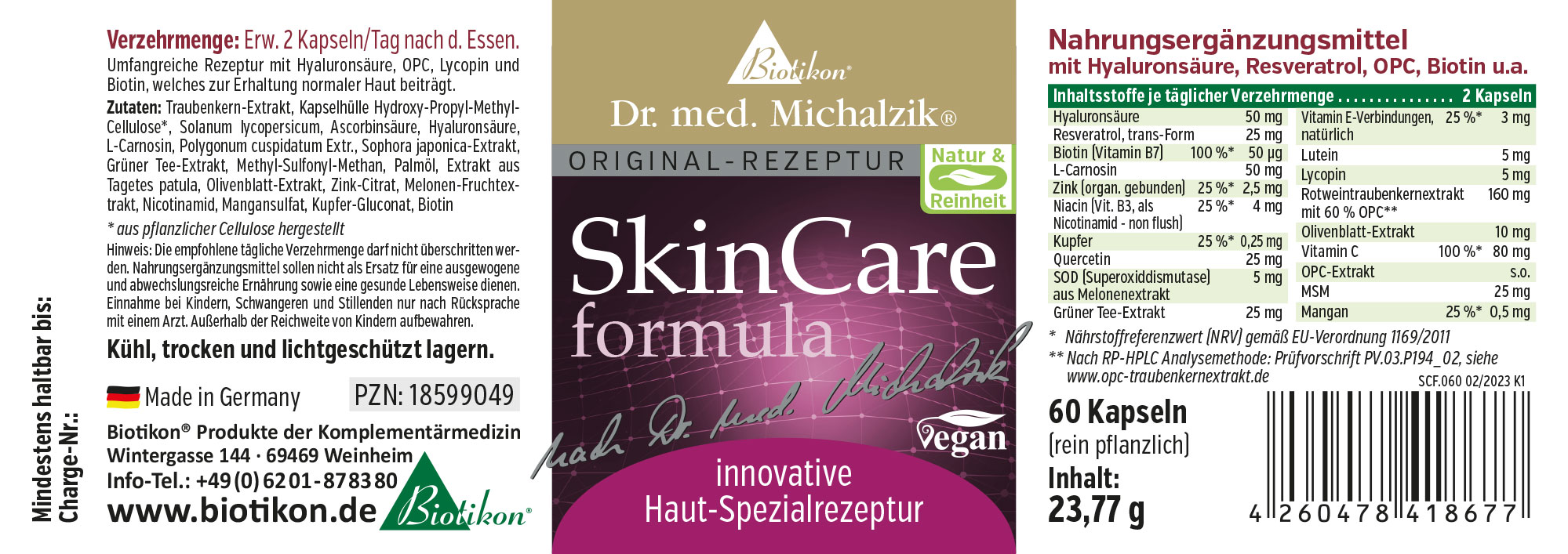SkinCare formula – 60 Kapseln Nahrungsergänzungsmittel in Kapseln, Verpackung mit 60 Kapseln, vegan, hergestellt in Deutschland.