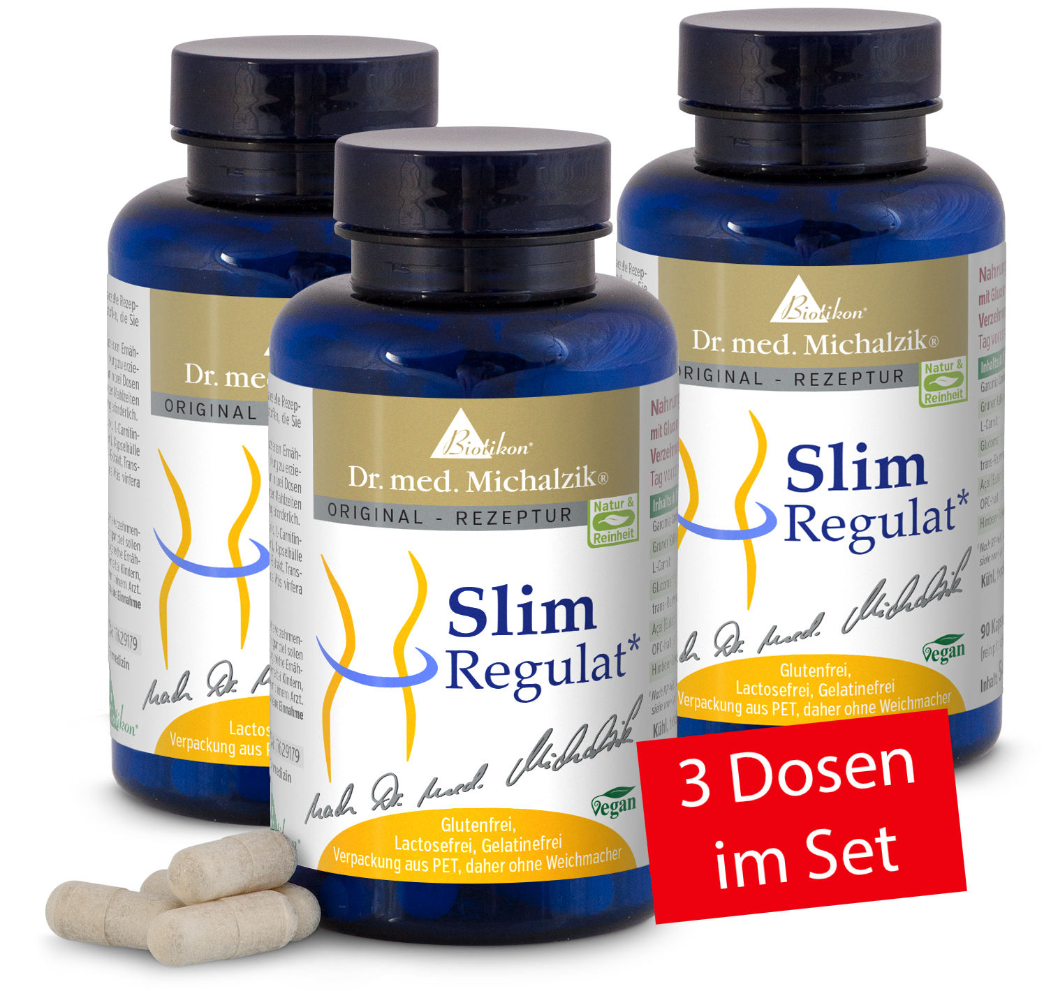 Slim Regulat – 3 Dosen im Set Drei blaue Dosen Slim Regulat Kapseln, 90 Kapseln pro Dose, vegan, gluten- und laktosefrei, mit sichtbaren Kapseln im Vordergrund.
